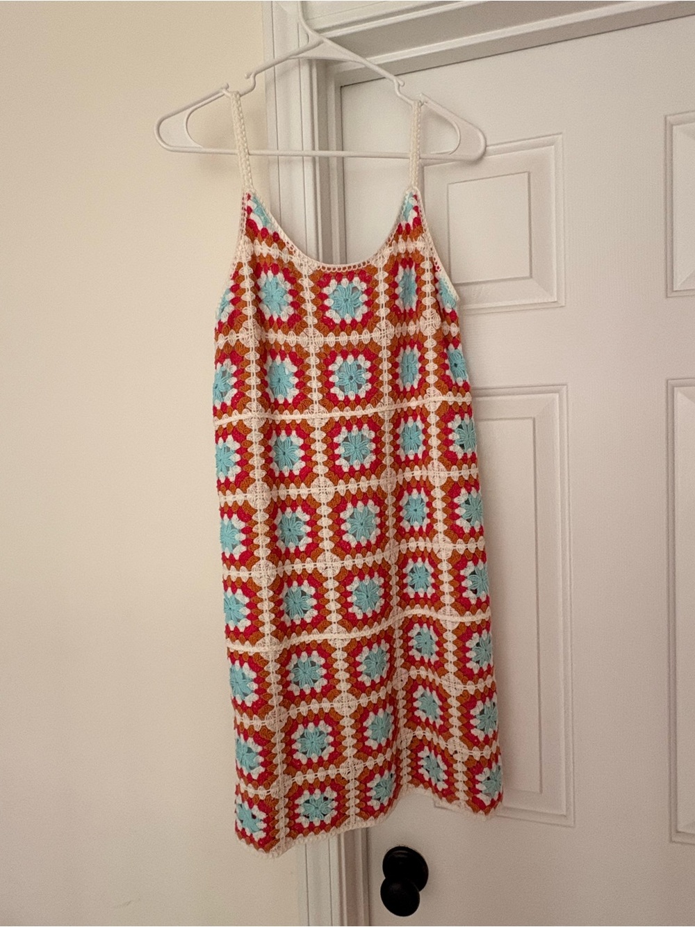 Handmade Crochet Slip Dress in Red, Turquoise & Cream